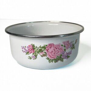 Vintage Kobe Kitchen White Floral Metal Enamel Mixing Bowl with Pink Roses